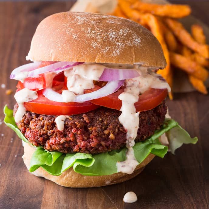 Vegan Pinto Bean–Beet Burgers